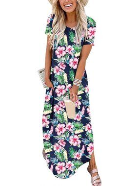 Women's Floral Green Pink Summer Maxi Dress Short Sleeve Casual Split T Shirt